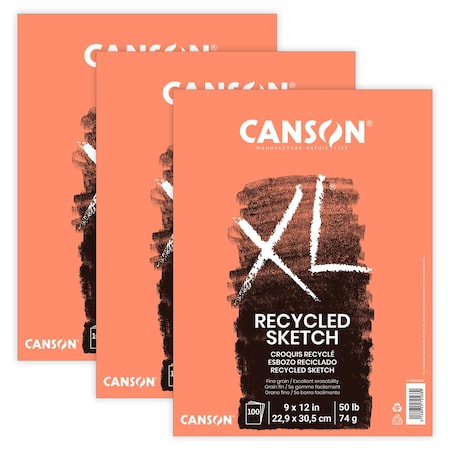 Canson XL Series Sketch Pad, Recycled, Foldover Binding, 100 Sheet, 9x12 inch, 3PK C100510921