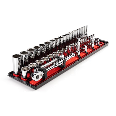 Tekton 3/8 Inch Drive 6-Point Socket and Ratchet Set with Rails and Tray, 44-Piece 6-24 mm SKT13201