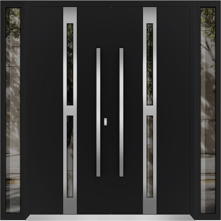 Vdomdoors Aluminum Double Doors Deux 1755 Black Enamel Opaque Black Glass 2 Sidelights Entry Modern Painted 1 DEUX1755DEXD-BLK-W16+72+16xH96-RH-O