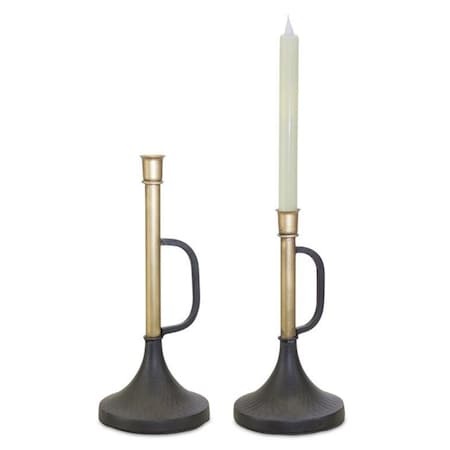 Homeroots Set of Two Black And Gold Distressed Metal Tabletop Taper Candlesticks, 2PK 634828