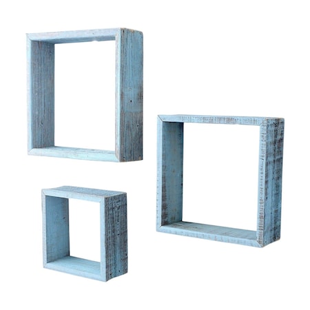 Homeroots Set Of 3 Square Robins Egg Blue Reclaimed Wood Open Box Shelve, 3PK 380351