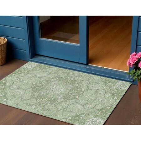 Homeroots 3' X 5' Artichoke Green And Ivory Medallion Washable Indoor Outdoor Area Rug 617449