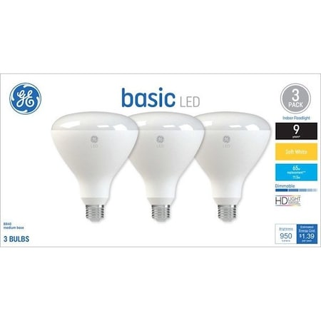 Ge LED Light Bulb, Spot and Flood, BR40 Lamp, 65 W Equivalent, Yes, Frosted, 3PK 46979
