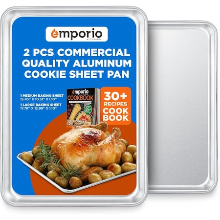 Emporio Kitchen Baking Pan Set, Medium and Large Aluminum Cookie Sheet Pan, 10.5in. x 15in. and 13in. x 18in. EMPKSST1184