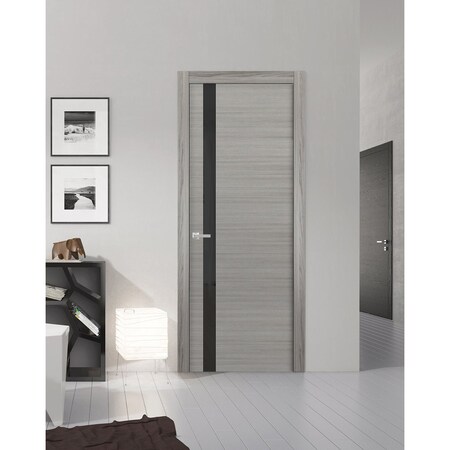 Sartodoors Solid Interior French, Planum 0040 Grey Oak with Black Glass, Single Regular Panel Frame Trims Hand PLANUM0040ID-SS-18