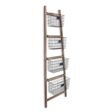 Homeroots Wooden Ladder Storage Piece with 4 Baskets 399700