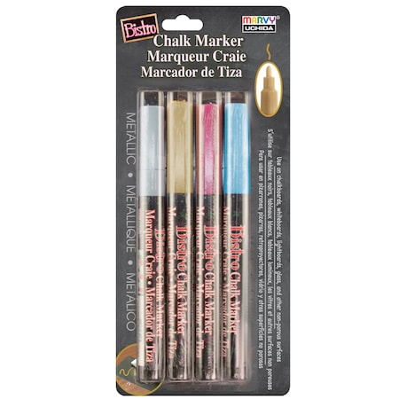 Marvy Uchida Broad Point Chalk Marker Metallic Fine Tip Set 4M, Gold, Silver, Blue, Red 482-4M