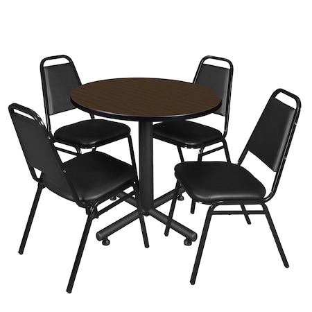 Regency Round Kobe Breakroom Table W/ 4 Restaurant Stack Chairs, 30 in W, 30 in L, Neo Walnut TKB30RNDNW29BK