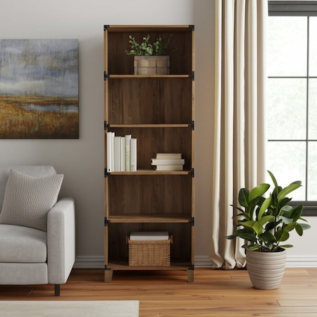 Homeroots 71" Oak Distressed Wood Five Tier Etagere Bookcase 568310