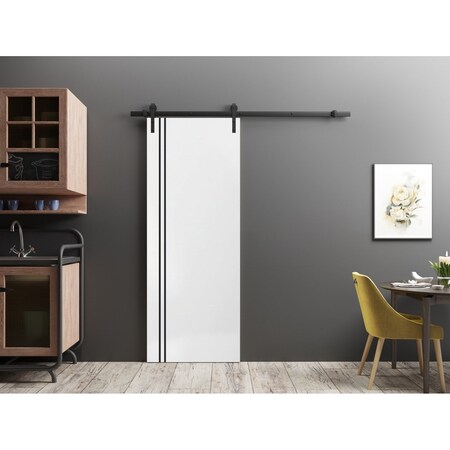 Sartodoors Sturdy Barn Door with Hardware, Planum 0016 White Silk and Aluminum Strips, 6.6FT Rail Hangers Heav PLANUM0016BD-B-WS-18