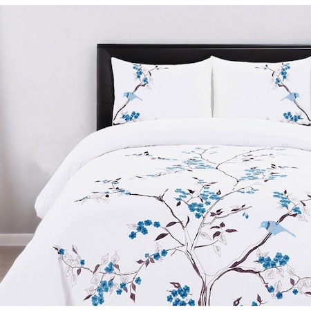 Homeroots Blue and White Queen 100% Cotton 200 Thread Count Washable Duvet Cover Set 528102
