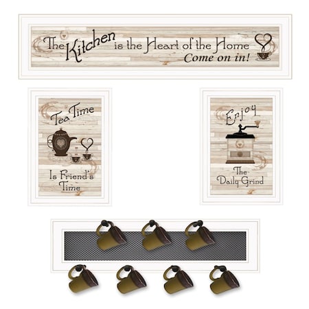 Homeroots Set Of Four Kitchen Collection Seven Peg Mug Rack White Framed Print Kitchen Wall Art, 4PK 406667