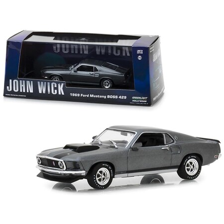 Greenlight 1969 Ford Mustang Boss 429 Gray with Black Stripes John Wick 2014 Movie 1-43 Diecast Model Car 86540