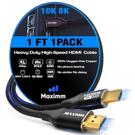 Maximm 1ft 8K 60Hz 48Gbps HDMI 2.1 Braided Cable, Black KIT-8K-HDMI-1FT-BK1PK