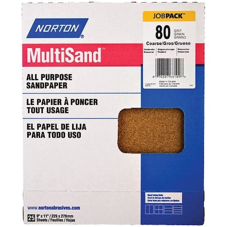 Norton Co MultiSand 076607 Sanding Sheet, 11 in L, 9 in W, Coarse, 80 Grit, Aluminum Oxide Abrasive 68109