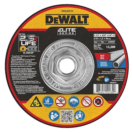 Dewalt Abrasive Cut-Off Wheel, Type 1, 4 1/2 in Dia, 0.045 in Thick, 5/8"-11 Arbor Hole Size, Ceramic DWA8951H