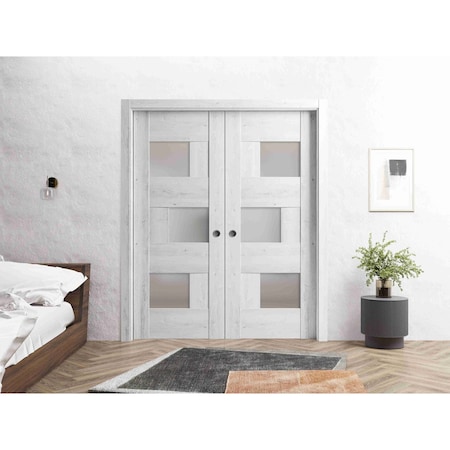 Vdomdoors Sliding French Dbl Pocket Doors 48 x 84in, Nordic White W/ Frosted Glass, Kit Trims Rail Hardware SETE6933DP-NOR-4884