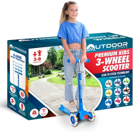 Outdoorcruiser Outdoor Cruiser 3-Wheel Kids Scooter, Lean-to-Steer, LED Wheels, Adjustable T-Bar, Ages 3-8, Blue OCKSBLUE