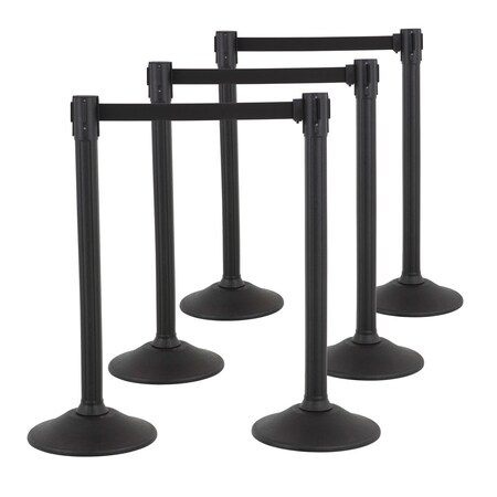 Black Plastic Stanchion for Crowd Control with 6.5' Retractable Black Barrier Belt, 6PK