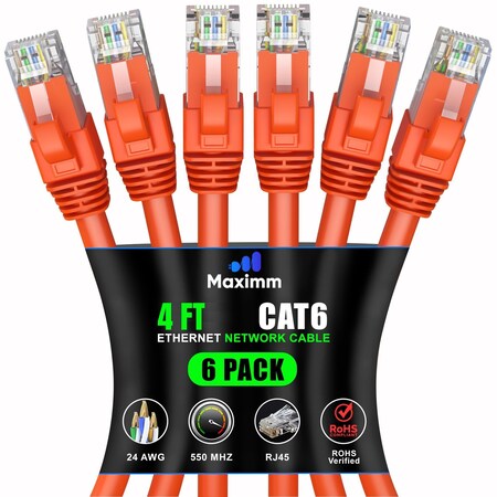 Maximm Cat6 Ethernet Cable 4ft 10Gbps 550MHz UTP, 6PK, Orange, 6PK CAT6CCA-4OR-6PK