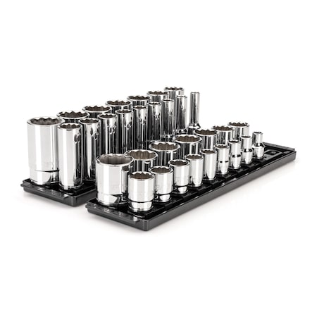 Tekton 1/2 Inch Drive 12-Point Socket Set with Rails and Trays, 32-Piece 3/8 - 1-5/16 in. SHD92206