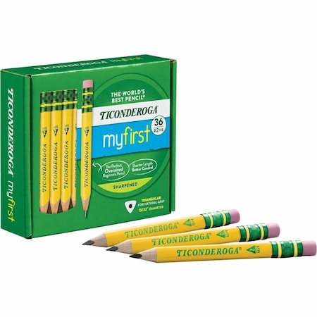 Ticonderoga My First Short Wooden Pencils, Yellow Large Triangle Barrel With Eraser, 36PK X33136
