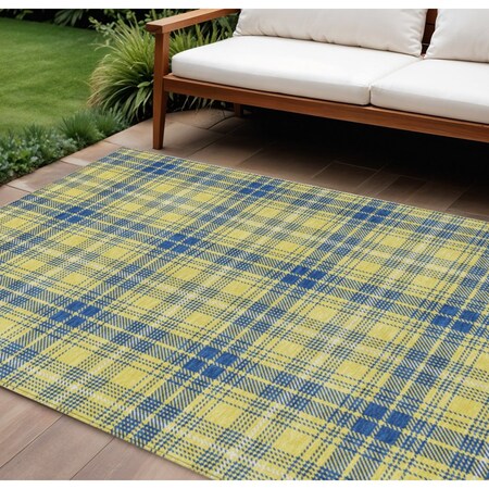 Homeroots 9' X 12' Yellow Blue And Ivory Plaid Washable Indoor Outdoor Area Rug 597139