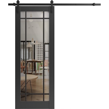Sartodoors Sturdy Barn Door Clear Tempered Glass, Lucia 2266 Matte Black and Aluminum Strips, 6.6FT Black Rai LUCIA2266BD-B-BLK-30 x 96
