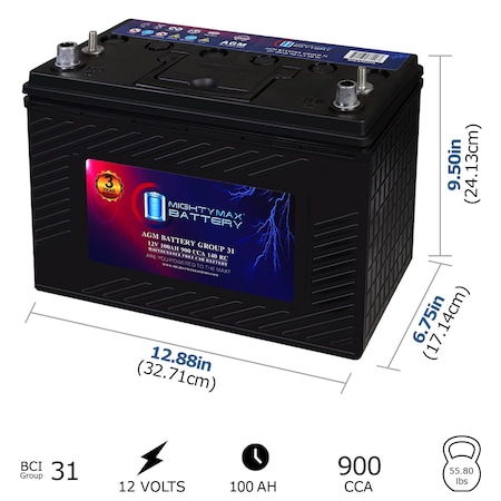 Mighty Max Battery MM-G31 Start and Stop Car BCI Group 31 12V 100AH, 140RC, 900 CCA, Rechargeable AGM Car battery MAX4157986