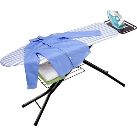 Honey-Can-Do 4 Leg Ironing Board w/Iron Rest, Pad-White/Blue Stripes Black Base, PP Plastic/Steel/Foam/Cotton BRD-01957