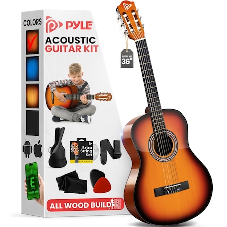 Pyle Pyle Beginner Acoustic Guitar Kit, 3/4 Junior Size, 36" Sunburst for Kids and Adults PGACLS82SUN.9
