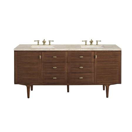 James Martin Vanities Amberly 72" Double Vanity, Mid-Century Walnut, w/ 3 CM Tajnar Eclos Top w/FreePower Wireless Charger 670-V72-WLT-FTJR