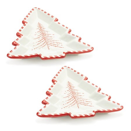 Homeroots Set of Two Red And White Ceramic Tree Shaped Christmas Serving Trays 634494