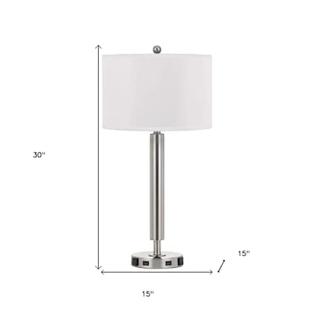 Homeroots 30" Nickel Metal Cylinder USB Table Lamp With White Drum Shade 524754