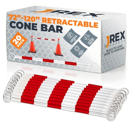 Jrex Safety Retractable Cone Bar Red/White, 72 in to 120 in Length, 20PK CBR-JR-72/120-20PK