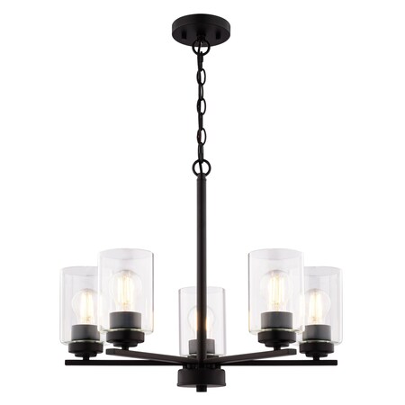 Vaxcel Park Ridge 5-Light Matte Black Chandelier, Clear Glass Shade, Pendant Fixture H0313