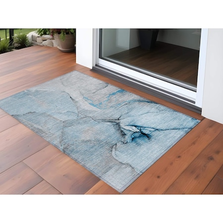 Homeroots 3' X 5' Blue and Ivory Abstract Washable Non Skid Indoor Outdoor Area Rug 559679