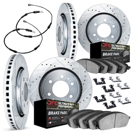 Dynamic Friction Co DFC Brake Rotor - Drilled & Slotted - Silver w/HD Brake Pad w/HW Kit & Sensor 7424-47001