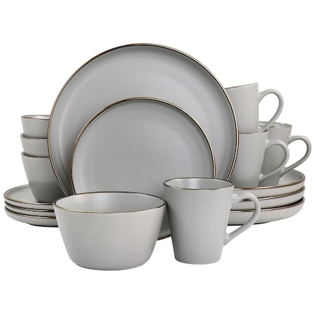 Elama Louis 16 Piece Stoneware Dinnerware Set in Matte Slate with Gold Rim ELM-LOUIS16