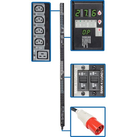 Tripp Lite PDU, Switched, (24) C13, (6) C19, IEC-309 63A RED (3P+N+E), 6 ft. PDU3XVSR6G63B