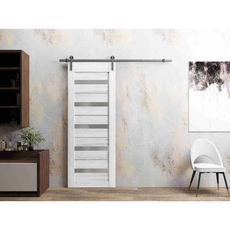 Sartodoors Sturdy Barn Door 24 x 80in, Nordic White W/ Frosted Glass, SS 6.6FT Rail Hangers Heavy Set QUADRO4445BD-S-NOR-24