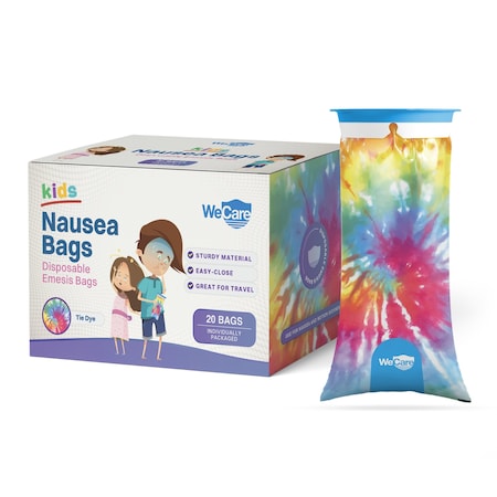 Wecare Kids Emesis Bags For Nausea and Motion Sickness, Individually Wrapped, 20 Pack, Tie Dye Print, 20PK WMN100193