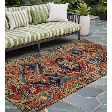 Homeroots 8' Red Orange And Blue Oriental Washable Indoor Outdoor Runner Rug 563782