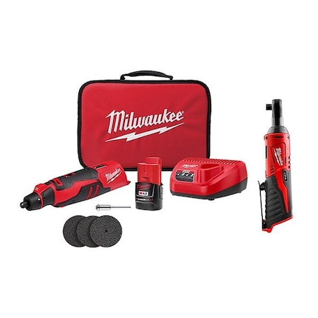 Milwaukee Tool M12 Rotary Tool Kit + M12 3/8" Ratchet 2525-21, 2457-20