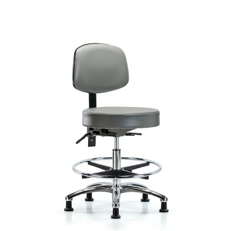Blue Ridge Ergonomics Vinyl Stool, Back, Chrome, Med Bench, Tilt, Foot Ring, Glides, Sterling BR-VMBST-CR-T1-CF-RG-8840