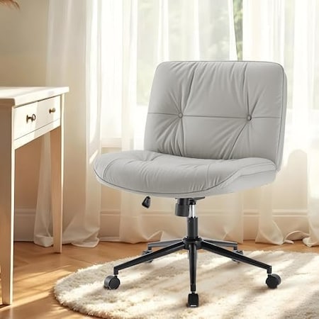 Simple Deluxe Criss Cross Legged Chair with Wheels, Armless PU Leather Office Desk Chair Wide Seat, Swivel Rollin 3A88FNCHAR7295GRY