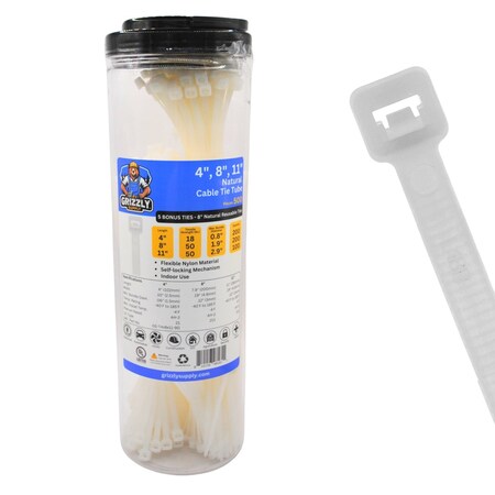 Grizzly Supply Cable Tie Tubes Assortment, 4 in, 8 in, and 11 in L, 18 lb, 50 lb Strength, Nylon, Natural, 505PK GS-T4x8x11-9D