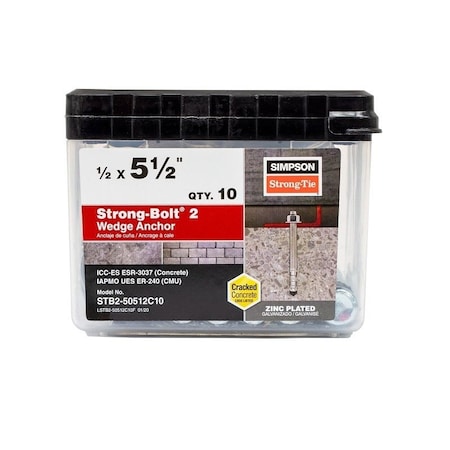 Simpson Strong-Tie Strong-Bolt 2 Wedge Anchor, 1/2 in Dia, 5-1/2 in L, Carbon Steel, Zinc Plated STB2-50512C10