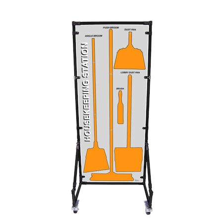 5S Supplies 5S Housekeeping Shadow Board Broom Station Version 1 - Gray Board / Orange Shadows With Broom HSB-V1-GRAY/ORANGE-KIT