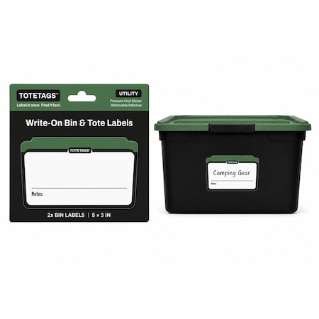 Totetags Storage Bin Labels, Write-On Tote Labels for Garage Organization, Green, 2PK, 5 in x3 in, 2PK TOTETAGS-2X-GRN
